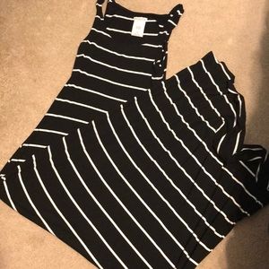 Black and white striped floor length dress.